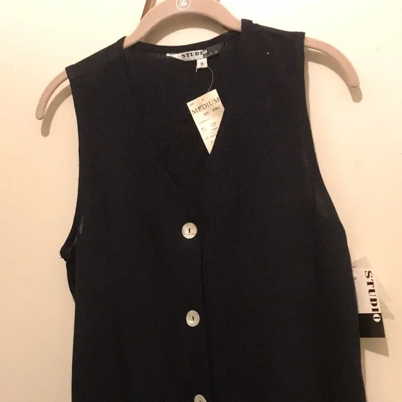 Studio JPR Stylish Size Medium Navy Blue Button Down Sleeveless Top - Picture 4 of 7